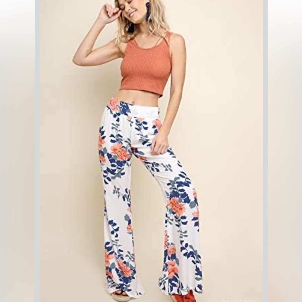 UMGEE Boho Floral Print Wide Flare Leg Pull on Festival Pants Size L Beachy